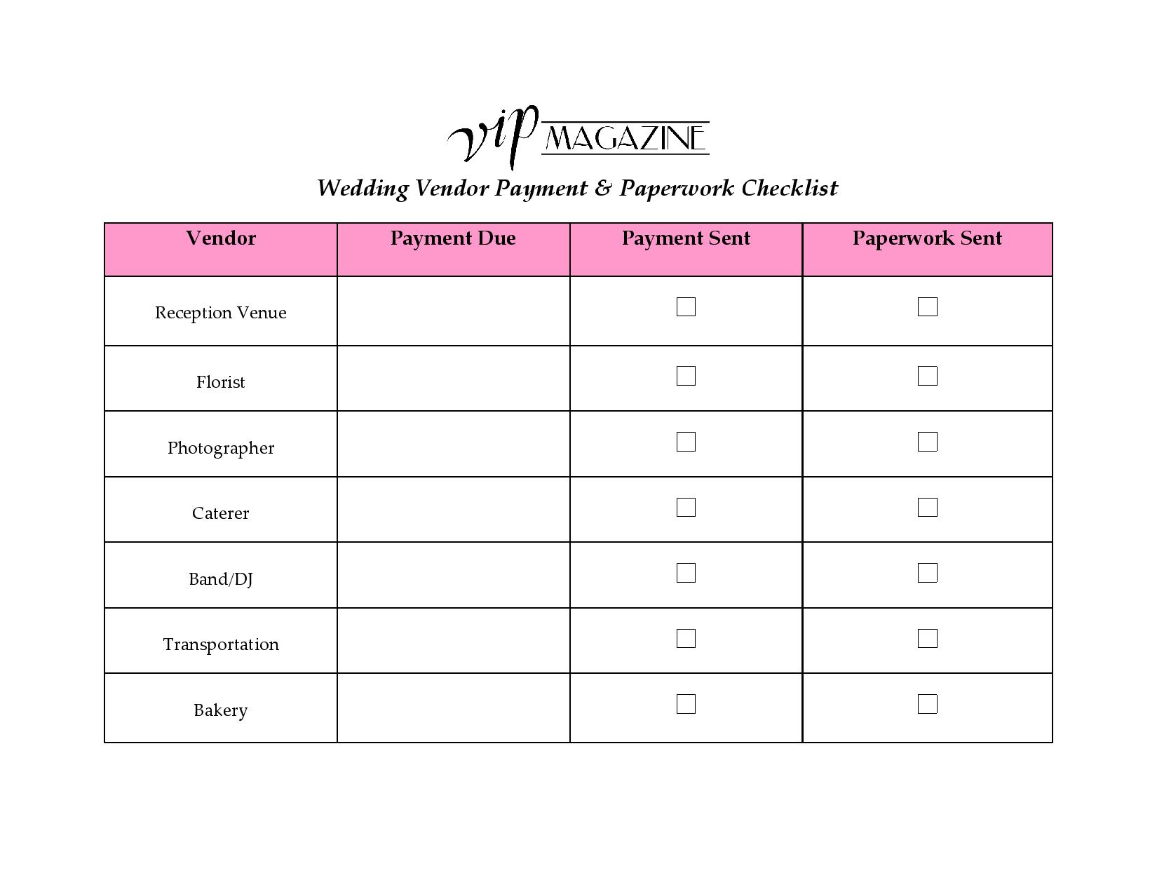 Wedding Vendor Payment & Paperwork Checklist